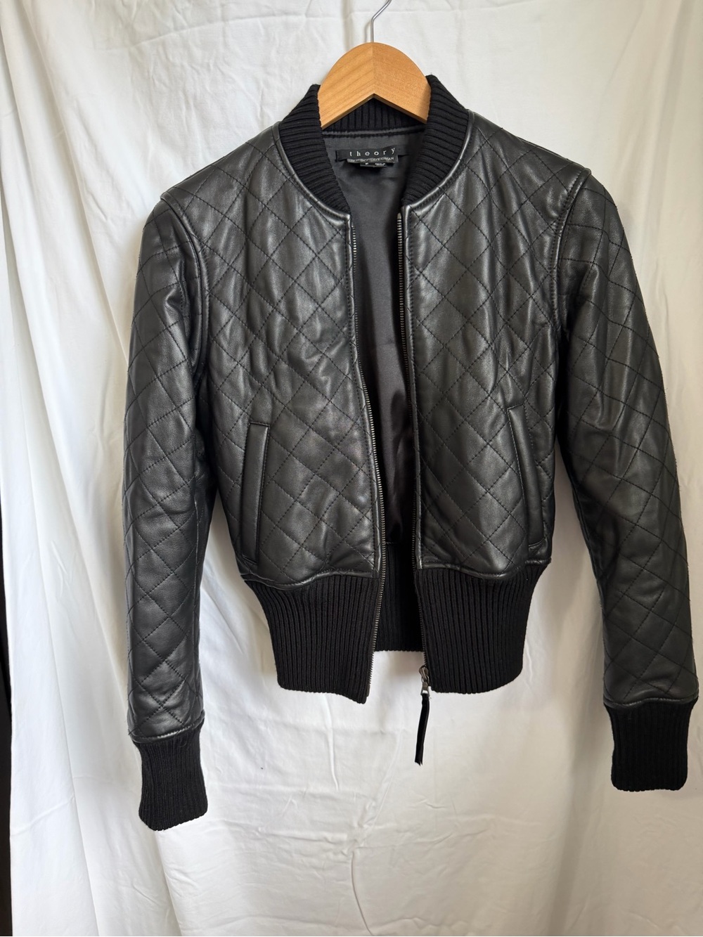 Theory Quilted Black Leather Bomber Jacket